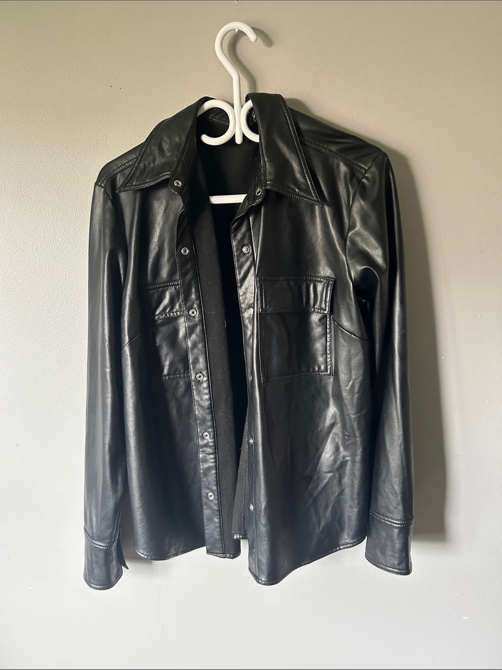 Men's Black Faux Leather Shirt Jacket with Snap Front